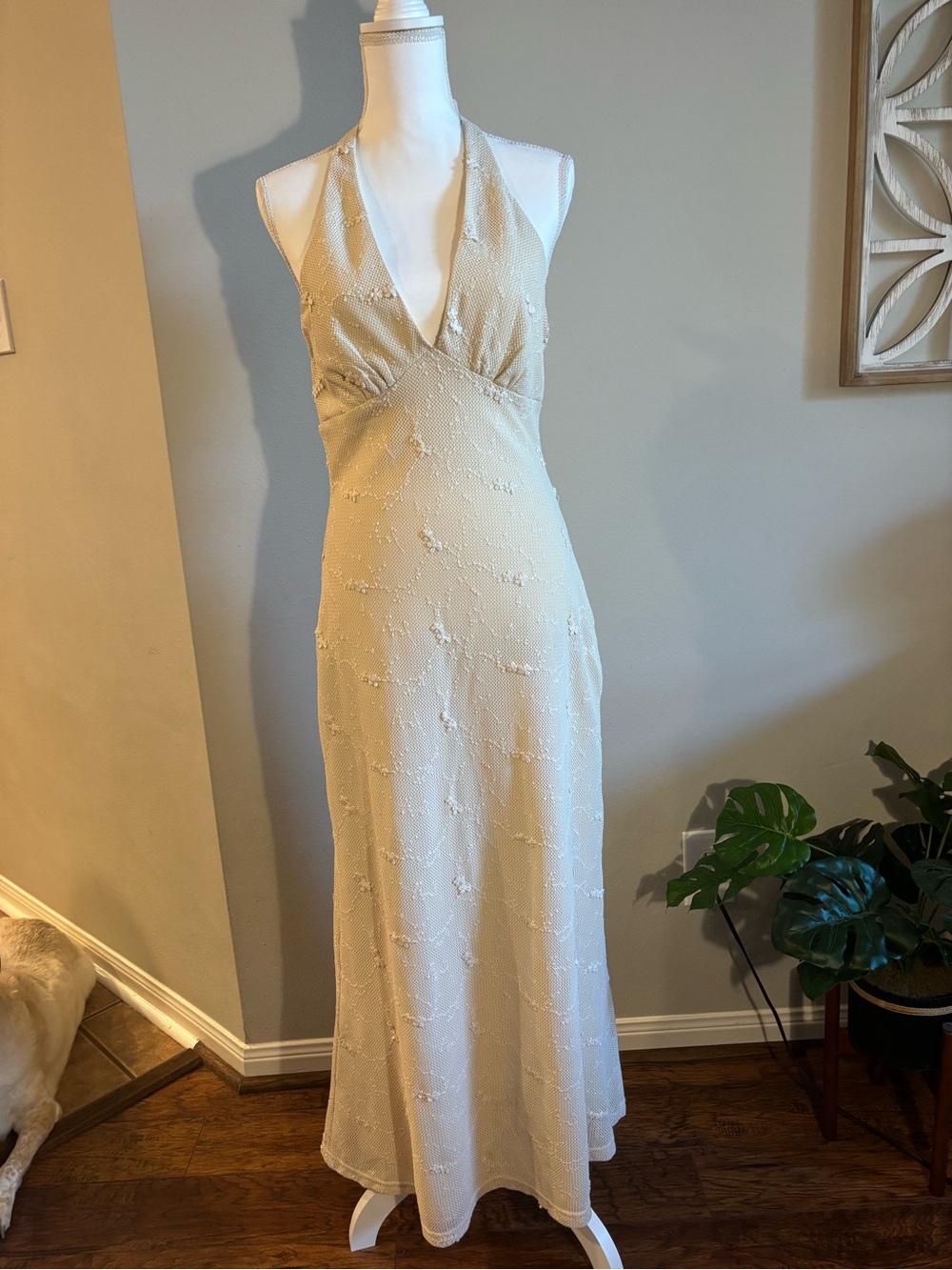 American Threads Cream Strapless Beaded Halter Gown